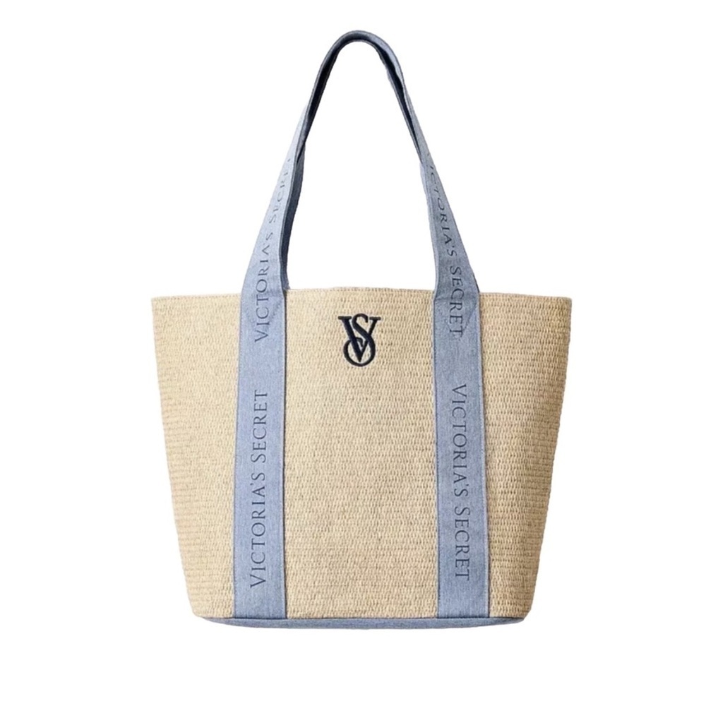 Victoria's Secret VS Logo Beige Blue Straw Nautical Beach Summer Tote NWT
